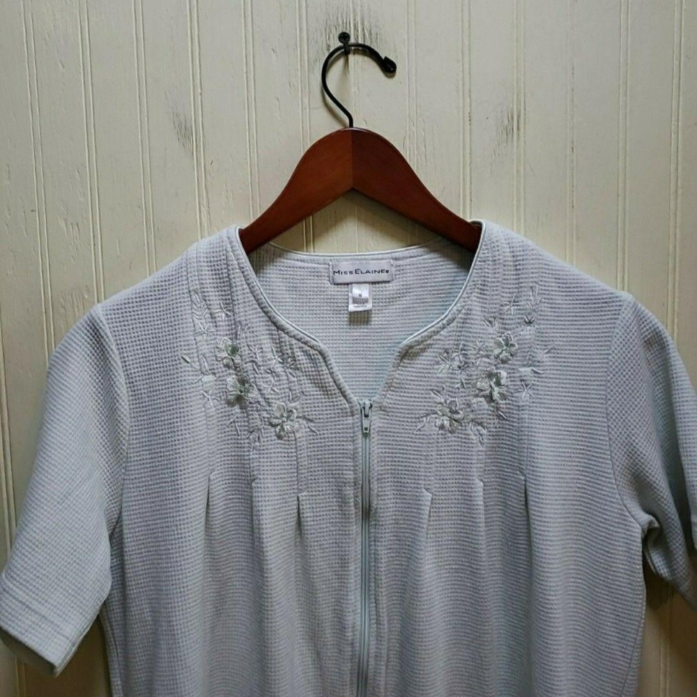 Miss Elaine Robe Womens Small Green Short Sleeve Zip Front Knit Embroidered